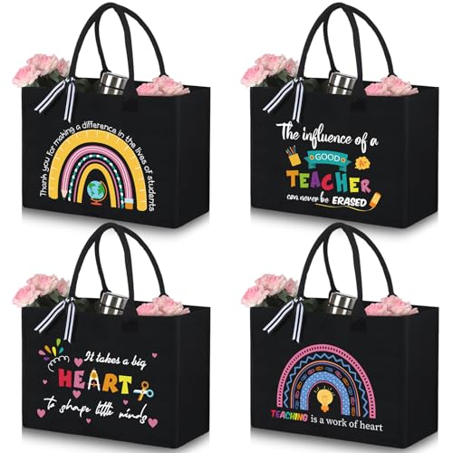 Huhumy 4 Pcs Teacher Appreciation Gifts Tote Bag Canvas Black Tote Best Teacher Ever Gifts Bags for End of Year Graduation(Rainbow) - style: Rainbow