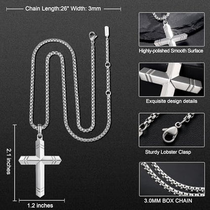 Stainless Steel Cross Necklace for Men with Adjustable Box Chain Christian Cross neckalce Gift - color: Silver-A