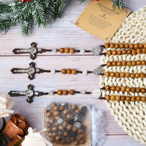 Wooden Rosary Necklace, Handmade Rosary Beads Necklace, Prayer Holy Soil Medal and Metal Cross For Catholic Or Christian Gift, Pouch Baptism Favors Gift