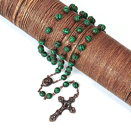 Nazareth Store Natural Stone Beads 8mm Rosary Necklace Antique Copper Design Holy Soil Medal & Cross in Velvet Bag - Catholic Rosaries Terra Santa Jerusalem Collection - color: Malachite