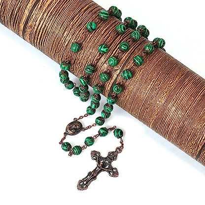 Nazareth Store Natural Stone Beads 8mm Rosary Necklace Antique Copper Design Holy Soil Medal & Cross in Velvet Bag - Catholic Rosaries Terra Santa Jerusalem Collection - color: Malachite