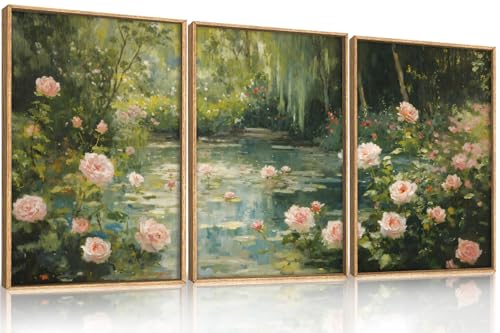 Aryroi Monet Garden Water Lilies Framed Canvas Wall Art Set, Impressionist Pond Pink Floral Wall Decor, Vintage Sage Green Oil Vibrant Flower Botanical Artwork for Living Room, Farmhouse- 24"x36"x3 - color: Monet Rose Garden Wall Art, size: 24"L x 36"W
