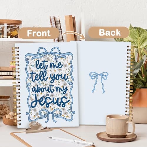 MOFUYU Blue Bow Floral Christian Spiral Notebook,Journal for Bible Study - color: white(Blue)