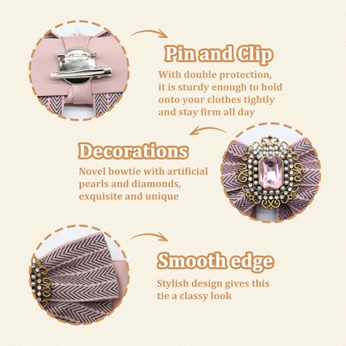 Womens Bow Tie Adjustable Rhinestone Bowtie for Women Ladies Girls Pre-tied Womens Tie for Shirt Suit Uniform - color: Pink-brooch