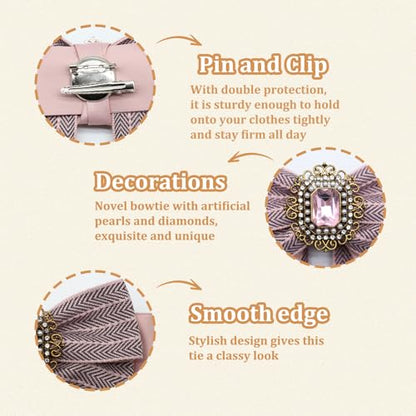Womens Bow Tie Adjustable Rhinestone Bowtie for Women Ladies Girls Pre-tied Womens Tie for Shirt Suit Uniform - color: Pink-brooch