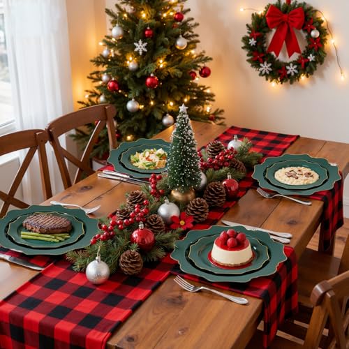 WDF 175Pcs Green Plastic Plates - Green Plates Disposable with Gold Rim - Christmas Plastic Plate - Fancy Disposable Dinnerware Sets 25 Guests Ideal for Party/Wedding/Birthday - color: Green and Gold, size: 175 pieces