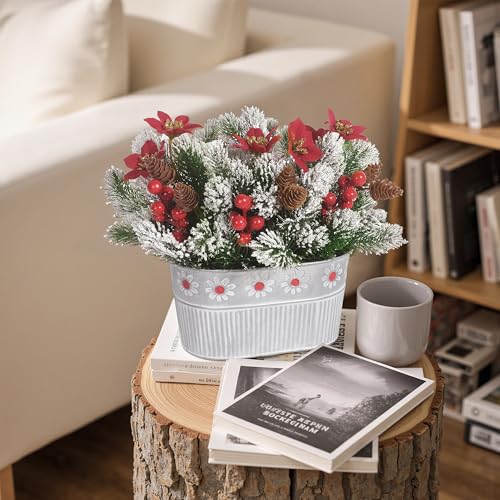 Christmas Centerpiece Table Decorations Artificial Norfolk Pine Branches with Poinsettia Flowers, Pine Cones & Berries in Metal Planter – Xmas Flower Arrangement for Christmas Décor & Dining Table