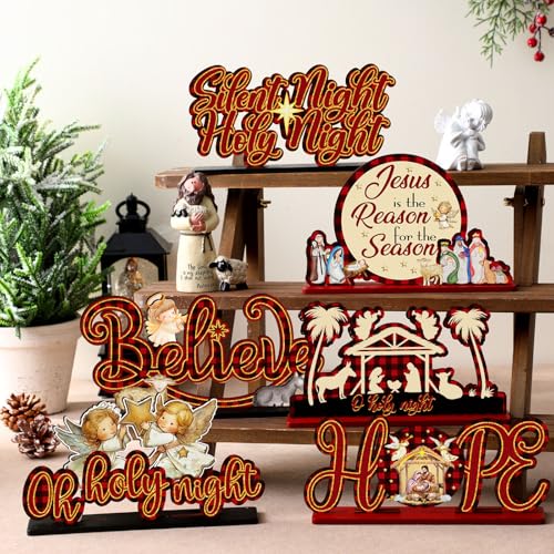 Shellwei 6 Pcs Christmas Table Decoration Nativity Scene Jesus Christian Centerpiece Wooden Xmas Religious Party Decor Believe Joy Noel Jesus Table Topper Winter Holiday Sign for Indoor New Year Craft - style: Christmas Jesus