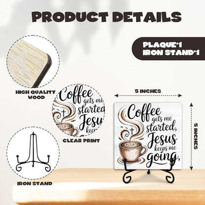 Coffee Gets Me Started Jesus Keeps Me Going Cross and Cup Wooden Sign Decor, Rustic Wooden Plaque Sign With Iron Stand, Christian Home Office Bar Desk Shelf Decorations - style: Coffee-A