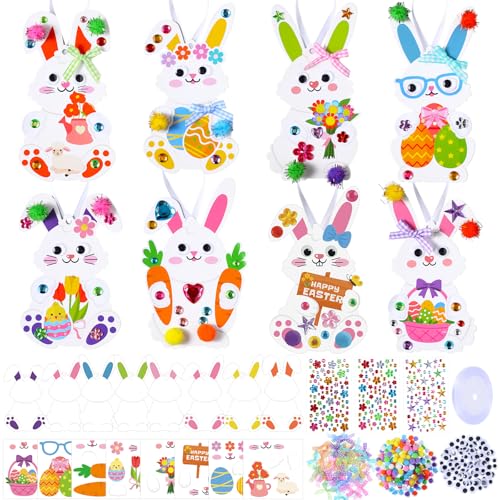 Funrous 48 Sets Crafts Kit Paper Crafts DIY Make Your Own Hanging Ornaments with Pompoms Diamond Stickers for Holiday Classroom Activities Party Favors, Easter Bunny - style: Easter Bunny