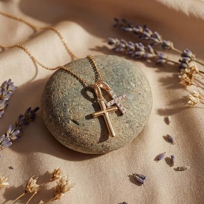 Gold Cross Necklace for Women: 14K Gold Plated Dainty Cross Pendant Non-Tarnish Necklace, Faith Crucifix Chain Jewelry, Elegant Religious Gifts - style: Double Cross