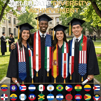 Class of 2026 Graduation Stole Flag Sash with Gold Tassels 72 Inch for High School College University Ceremony - color: Custom 3 Flag
