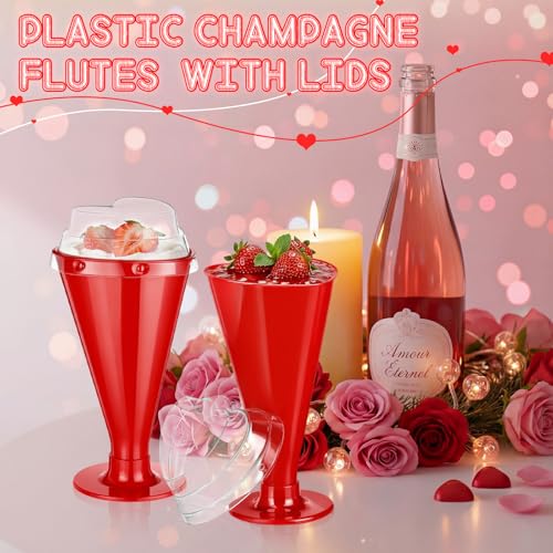 20 Pcs Valentine's Day Cups Heart Shaped Champagne Flutes with Lids 5.6 oz Dessert Cups Plastic Disposable Champagne Glasses for Parties, Bar, Events, Wedding Party Supplies (Red) - color: Red