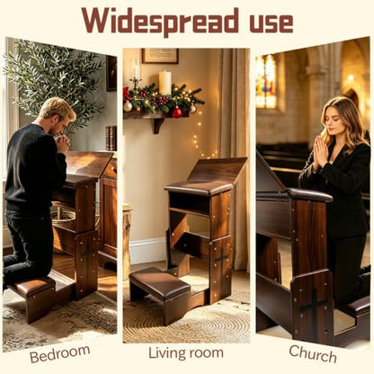 Adjustable Height Folding Prayer Bench with Book Rack – Solid Wood Kneeler for Home, Church, or Chapel – Customizable Ergonomic Posture to Relieve Knee & Back Pain During Long Prayer Sessions