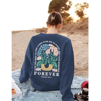 KEEVICI Women Christian Jesus Faith Sweatshirts Bible Verse Flower Floral Sweatshirt Religious God Graphic Oversized Hoodie - color: Gray Blue, size: Large