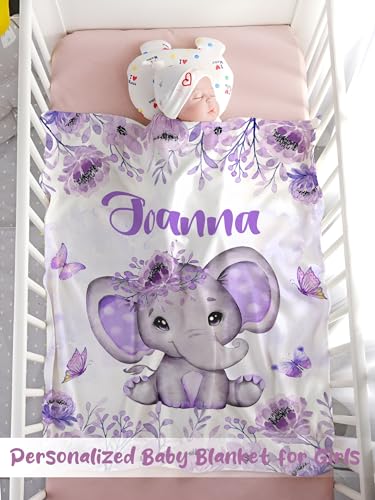 Personalized Baby Blanket for Girls, Custom Baby Blanket with Name Super Soft Personalized Name Blankets for Kids, Custom Elephant Blankets for Infant Toddler, Babys Gifts for Birthday - color: Blue-floral Butterfly