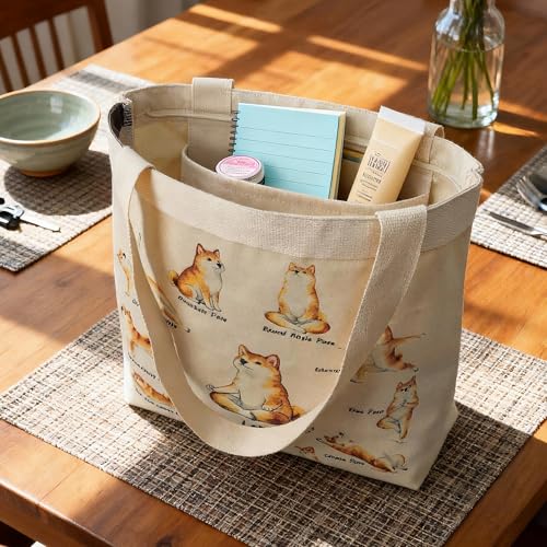 Large Tote Shopping Bag Cotton Canvas-Reusable grocery Bag with Zipper Aesthetic Reusable Shoulder Bag - style: Style-h