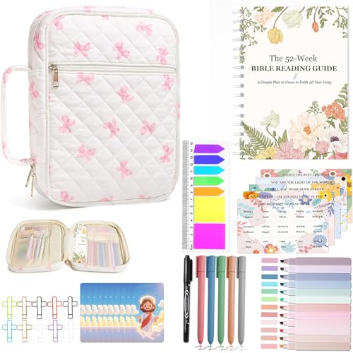 Bible Cover Set with Handle, Large Quilted Bible Bag for Women Girls, Bible Study Supplies Kit with Tabs, Pens, Sticky Notes, Study Planner & Scripture Cards, Christian Gifts for Devotional Journaling