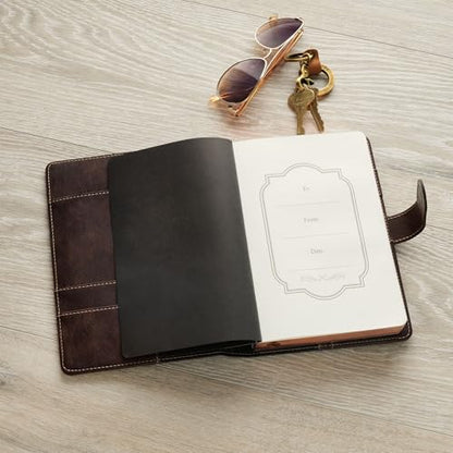 Christian Art Gifts Inspirational Magnetic Closure Journal w/Pen Holder, Man of God - 1 Tim. 6:11 Bible Verse, Dark Brown w/Cross Applique, Wide Ruled Notebook, 336 Lined Pages w/Scripture