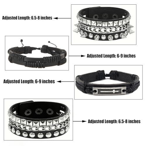 4 Pcs Leather Cuff Bracelets for Men with Spiked Cross Studded Stars Charms - color: Black-Cross