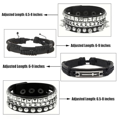 4 Pcs Leather Cuff Bracelets for Men with Spiked Cross Studded Stars Charms - color: Black-Cross