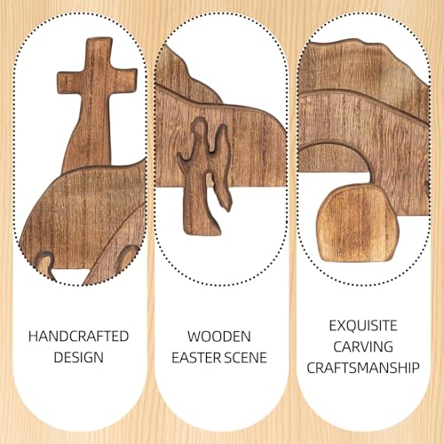 Empty Tomb Easter Scene Decoration – Handmade Wooden Resurrection Cross Set with Figures & Stone, Religious Easter Tabletop Centerpiece for Home, Christian Faith Décor, Spring