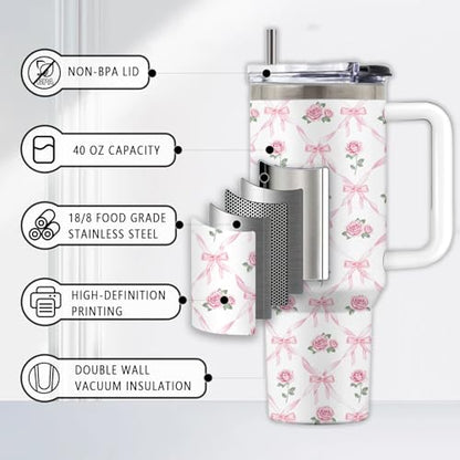Bow Rose 40oz Tumbler, with Handle & Straw, Stainless Steel Cup - color: Bow Rose