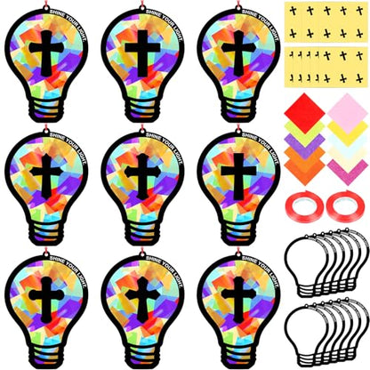 Renbuzhu 48PCS Sunday School VBS Crafts Bulk: Paper Lightbulb Cross Nativity Suncatchers, Jesus Religious Christian Activity DIY Kits Church Decorations, Window Stained Glass Effect Art Supplies - style: bulb cross