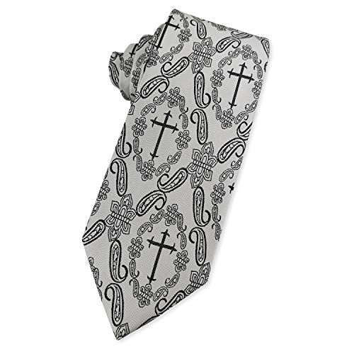 KOOELLE Mens Novelty Religous Necktie Christian Cross & Paisley Tie - color: Silver Gray