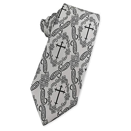 KOOELLE Mens Novelty Religous Necktie Christian Cross & Paisley Tie - color: Silver Gray