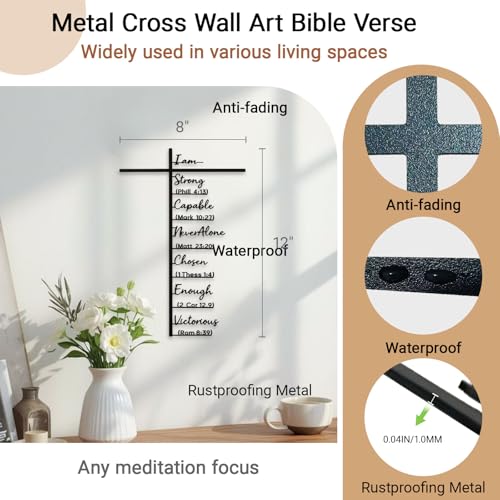 Metal Cross Wall Art with Inspiring Bible Verse - "I Am Strong, Powerful, Never Alone..." Christian Rustic Home Decor, Farmhouse Jesus Wall Art for Living Room, Unique Easter Christmas Gift (12"x8")