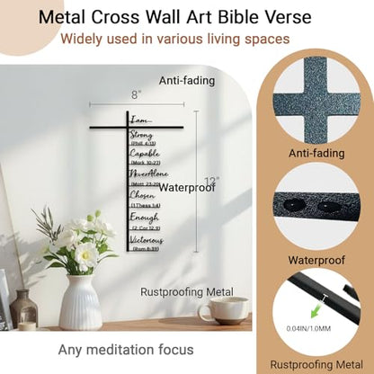 Metal Cross Wall Art with Inspiring Bible Verse - "I Am Strong, Powerful, Never Alone..." Christian Rustic Home Decor, Farmhouse Jesus Wall Art for Living Room, Unique Easter Christmas Gift (12"x8")