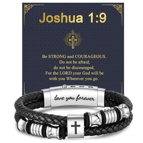 Men's Leather Cross Bracelet - Silver Double Row Braided Leather Cross Bracelet for Men with Inspirational Bible Verse Card, Faith Christian Religious Gift for Husband Son on Baptism Easter Birthday - color: Joshua 1:9