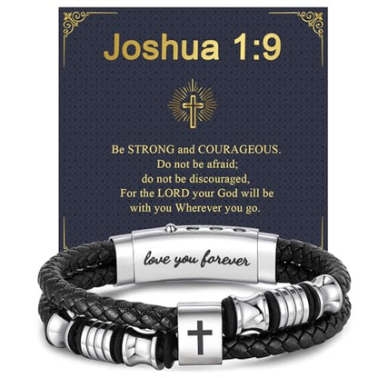 Men's Leather Cross Bracelet - Silver Double Row Braided Leather Cross Bracelet for Men with Inspirational Bible Verse Card, Faith Christian Religious Gift for Husband Son on Baptism Easter Birthday - color: Joshua 1:9