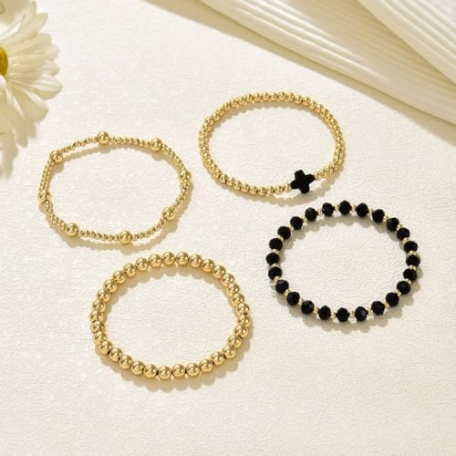 Colorful Cross Charm Bracelets for Women Men Adjustable Gold Plated Beaded Bracelet Boho Bead Ball Stretch Bracelet Birthday Summer Beach Jewelry - color: Black C