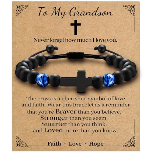 Boys Cross Bracelet, Adjustable Tiger Eye Bead Bracelet - color: B-To My Grandson