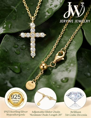 JeryWe 925 Sterling Silver Cross Necklace for Women Dainty Gold/White Gold Plated Necklace for Women Non Tarnish Cubic Zircon Cross Pendant Necklaces Christian Baptism Religious Faith Jewelry Gift - color: 14K Gold Plated
