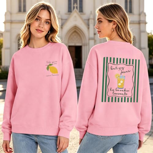 BINTEHGS Christian Sweatshirts For Women My Jesus Making Lemonade Graphic Faith Crewneck Pullover Religious Long Sleeve Shirt - color: Pink, size: X-Large