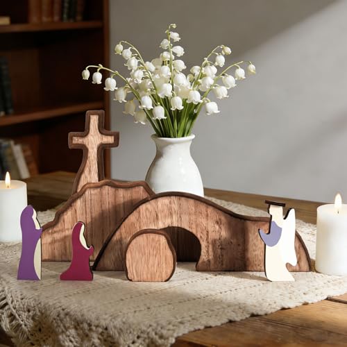 JarThenaAMCS Empty Tomb Easter Table Scene and Cross Decoration Wooden Jesus Nativity Scene He is Risen Centerpiece for Christian Party Home Tabletop Tray Decor, Set of 7 Pcs