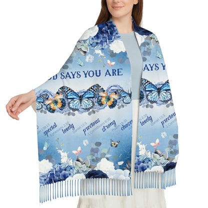 The Virgin Mary Bible Verse Shawls for Women, Catholic Christian Blanket Scarf Gifts or Mom Teacher Christmas - color: Blue Butterfly