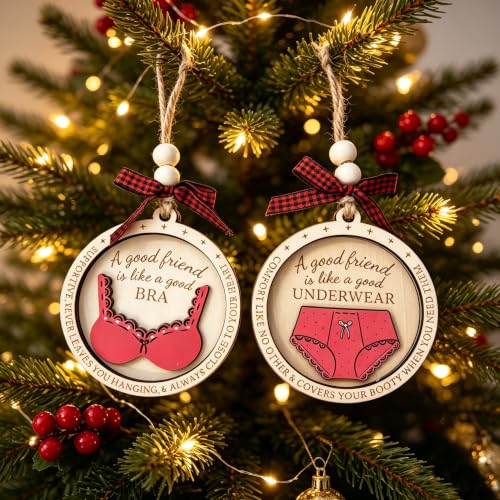 Funny Best Friend Christmas Ornament with Bra & Underwear Pun Design - color: Bestie Pun Set (Red)