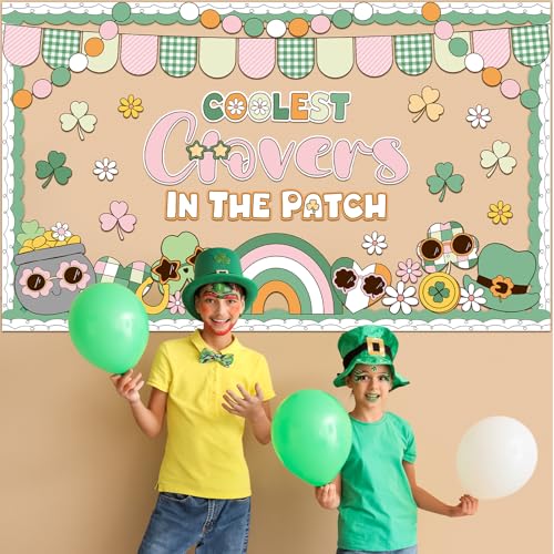 St. Patrick's Day Bulletin Board Decoration Boho Hippie Groovy Classroom Bulletin Board Set Lucky Shamrock Clover Rainbow Daisy Flower Paper Cutouts for Irish Holiday School Chalkboard Wall Door Decor - style: Shamrock