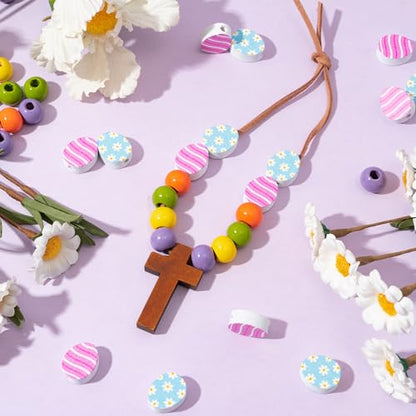 BeYumi Easter Cross Necklace Craft - 24Pcs Easter Christian Wooden Cross Eggs Beads Necklace Craft Kit for Kids DIY Gift Religious Jesus Eggs Decor Sunday School Classroom Church Party Fun Activities - style: Easter Egg