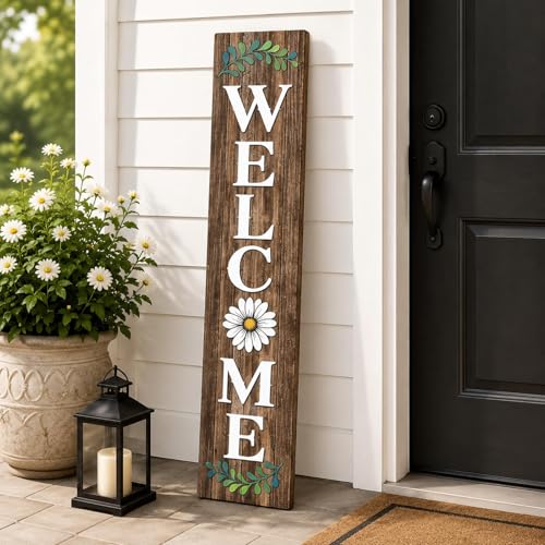 Welcome Wooden Front Porch Sign, Large Vertical Rustic Decorative