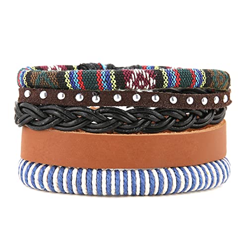 HZMAN Handmade Hemp Cords Wood Beads Leather Bracelets for Men Women - style: Blue Hemp Rope