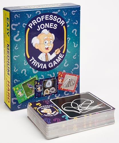Professor Jones Trivia Card Game – 450 Multiple Choice Questions, 3 Difficulty Levels, Guess the Photo Challenge Cards – Party Activity for Teens, Family Game Night, Group Gatherings