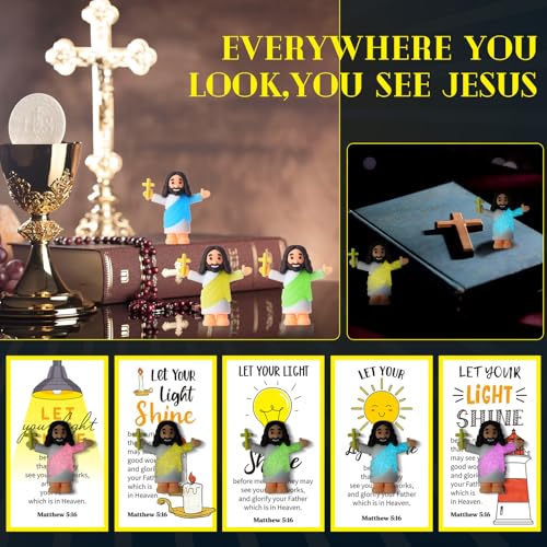 CroBlissful 30 Sets Mini Jesus Figurines Bulk Christian Glow in The Dark with Let Your Light Shine Cards for Christian Sunday School Religious Party Favor Halloween(Hold up the Cross) - style: Hold up the Cross