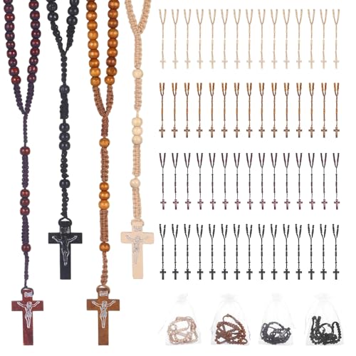 Wooden Rosary Beads Bulk,Wood Rosarios Catolicos with Jesus Holy Cross,First Communion Rosary Bulk Wooden Rosaries in Bulk With Organza Bags Rosary Catholic Baptism Church Present for Men Women - color: 60 pcs