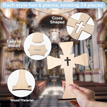 24 Pcs Wooden Crosses for Crafts 4 Styles Unfinished Catholic Wooden Crosses Bulk with Stands Cross centerpieces for Tables Wood Standing Cross for First Communion Baptism Easter Decor