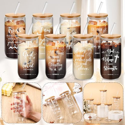 Skylety 32 Sets Christian Glass Cups for Women with Lids Straws Brushes